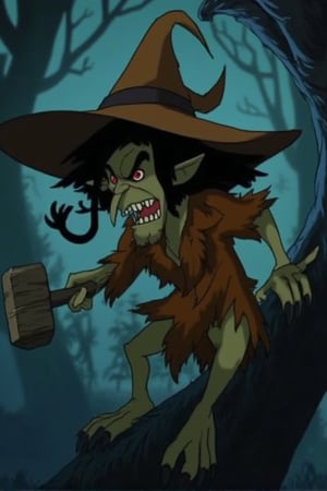 animation, A menacing goblin-like forest creature, normal skin color, sharp teeth, big pointed nose, glowing red eyes, sweet looking, wearing a tattered orange-brown tunic and a large, pointed hat, primal clothes, wiry black hair flows wildly from beneath its hat, holding a stone hammer, clings to a gnarled, twisted tree in a dark enchanted forest, midnight, fog, flat colors, simple shadows, joinTheEvolution