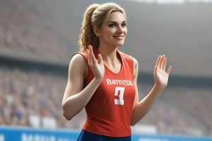 score_9,score_8_up,score_7_up, solo, 3D professional render, 1woman, young, female athlete, blonde, curly hair tied back in a ponytail, brown eyes color, wearing a red sleeveless sports t-shirt, blue athletic shorts, cute smiling, rising hands,  small floral tattoo on the inside of her left forearm, stadium setting, accomplishment and recognition atmosphere, daylight, rating_safe, withoutLaw,more detail XL