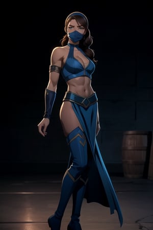 masterpiece, best quality, 1girl, kitana, brown hair, long hair, blue eyes, mouth mask, cleavage,  hairband, halterneck, bare shoulders,   large breasts, midriff, navel, pelvic curtain, thigh boots, blue thighhighs, solo, simple background