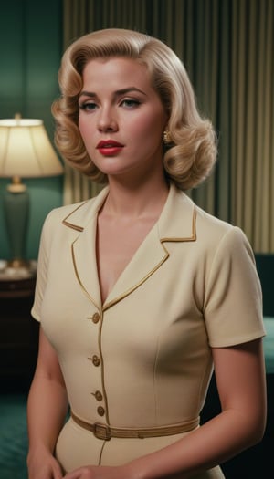50s movie screenshot,1woman, blonde hair, (high detailed skin: 1.2), wearing a 50s elegant outfit, gold trim, hotel room in the background, at night, film garin, grainy, (masterpiece: 1.2),  retro, detailmaster2, ,<lora:659095807385103906:1.0>