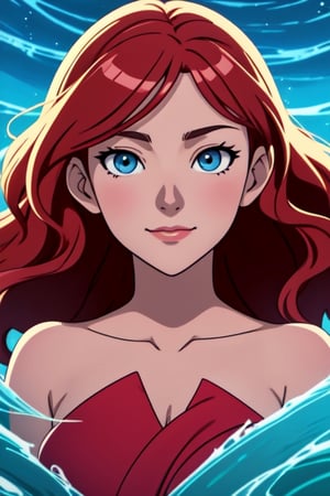 full-face portrait illustration, anime key visual, cartoon style, a woman, delicate features, soft smile, sparkling eyes, blue eyes, red hair, (luminous skin: 1.2), radiant complexion, (graceful posture: 1.3), colorful outfit, playful accesories, captivating ambiance, (cascading waves: 1.2),<lora:659111690174031528:1.0>