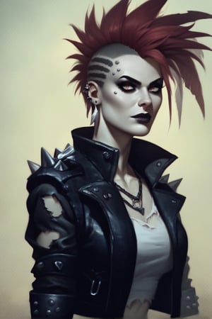 score_9,score_8_up,score_7_up, oil painting, solo, 1woman, female punk rocker, fierce, spiked hair,  torn feather jacket, newhorrorfantasy_style, rating_safe,  oil on canvas