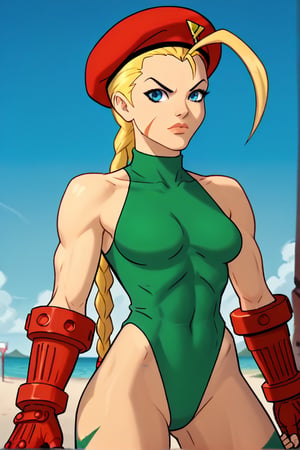 score_9,score_8_up,score_7_up, solo, 1woman, blonde_hair, blue_eyes, ponytail,red beret,green leotard,gloves, cammy_white, street_fighter,  rating_questionable,megaPals,joinTheEvolution