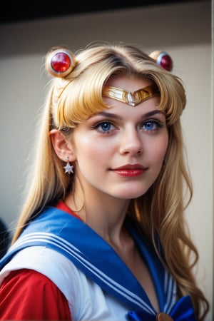 score_9,score_8_up,score_7_up, analog photo, 1woman, nordic, blonde, blue eyes color, cosplaying as Sailor Moon, Sailor Moon tiara, detailed convention, rating_questionable, 100Memories