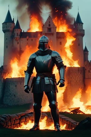 screenshot from a 70s movie, a knight, standing in front of a medieval castle in flames, cinematic pose,<lora:659095807385103906:1.0>
