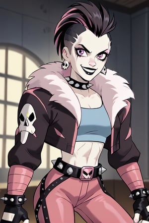 score_9,score_8_up,score_7_up, solo, 1girl, very young, petite, pink eyes color, pale white skin, muscled, mohawk,  black hair, black lipstick, black eye shadow, black eye mascara, punk earrings, (light blue top: 1.2), (black fingerless gloves: 1.2), (plain black cropped jacket: 1.3), (white fur trim: 1.2), spiked bracelet, spiked choker, (pink leather pants: 1.5), knee pads skull shaped, studded belt, black thigh boots, rage pose, cute smiling, space cantina scene in the background, alien fights in the background, indoors, joinTheEvolution