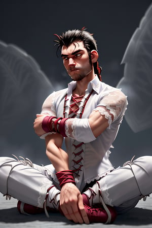 Fighting game style, a grizzled fantasy martial artist meditating in a shrine, glowing battle aura, (arm made out of mist, disembodied arm background:1.4), sitting with legs crossed, wearing pants, (wearing torn white lace-up shirt:1.5), wild hair, (bushy sideburns:1.5), Dynamic, vibrant, action-packed, detailed character design, reminiscent of fighting video games
