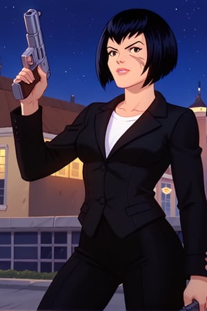 score_9,score_8_up,score_7_up, solo, 1woman, short bob haircut, black tuxedo, battle scars, holding a gun, city in the background, at night, rating_safe, megaPals