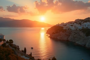 A breathtaking sunset over an ancient Greek coastline, with the golden rays reflecting off the tranquil Aegean Sea, In the background, cliffs dotted with white marble temples and olive trees sway gently in the breeze, A small boat is anchored near the shore, and the silhouette of distant mountains completes the idyllic scene, The sky is a warm gradient of oranges, pinks, and purples, with fluffy clouds glowing in the fading sunlight. The atmosphere is serene and timeless, evoking the beauty of classical Greece, oldCoolNiko