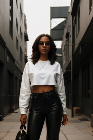 RAW photo, 1woman, african american, in sleek leather jacket, white t-shirt that contrasts with the jacket, jeans, black canvas sneakers, alleyway in the background, at day, moody, epic, gorgeous, film grain, grainy, award-winning photo, absurdres, masterpiece, studio lighting, 