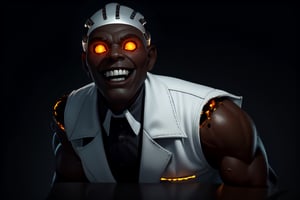 solo, Horror-themed, an aforamerican man wearing a white sleeveless scientist coat, muscled, black skin color, (burned skin: 1.3), bald, electroshock helmet on his head, electrodes and sensor on his head, open mouth, maniac smiling,  Eerie, unsettling, dark, spooky, suspenseful, grim, highly detailed