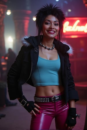 a very young woman, pretty face, pale white skin color, mohawk hairstyle, black hair, black lipstick, black eye shadow, punk earrings, cute smiling, light blue top, black fingerless gloves, plain black cropped jacket, open jacket, white fur trim, spiked bracelet, spiked choker, pink leather pants, knee pads skull shaped, studded belt, black thigh boots, rage pose, space cantina movie scene in the background, oldCoolNiko