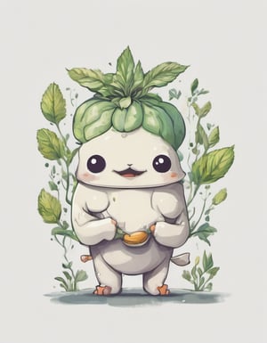 Leonardo Style,illustration, no humans, white  background, simple background, Design a heartwarming of a humanoid character inspired by a cheerful vegetable. Imagine a cute and lovable character with a friendly face, delicate arms, and legs full of personality, all reminiscent of the essence of the chosen vegetable. Your artwork should capture the essence of both the humanoid and the vegetable, blending their features seamlessly into an adorable and endearing composition. Let your creativity flow as you bring this charming character to life on paper, t-shirt.