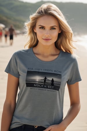 IMAGE_TYPE: Fashion mockup | GENRE: Lifestyle | EMOTION: Stylish | SCENE: A beautiful blond woman wearing a high-quality dark grey t-shirt for a mockup design, with a focus on the high-resolution texture and details of the clothes. The woman is positioned against a a blurred backdrop of the sunsetting beach background, with a shadow effect adding depth to the image.| ACTORS: women | LOCATION TYPE: beach | CAMERA MODEL: DSLR | CAMERA LENS: 50mm f/1.4 | SPECIAL EFFECTS: None | high resolution, high-quality t-shirt, shadow effect, beach background 