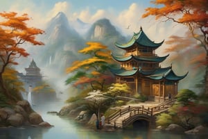 "Capture the essence of a serene Chinese kingdom in the style of an old painting. The landscape stretches before you like an ink-brushed masterpiece, its beauty timeless and captivating. The scene is suffused with a washed-out tone, as if the colors themselves have been softened by the passage of time, lending an air of antiquity to the view.

Nestled within the rolling hills, the kingdom reveals itself in layers of detail. A bustling town unfurls at the foothills, its architecture melding seamlessly with the landscape. The curved roofs of pagodas and temples rise gracefully, their eaves adorned with intricate carvings that tell stories of generations past. The buildings are nestled between lush trees, their leaves tinged with hints of gold and vermilion, evoking the essence of autumn.

A meandering river winds through the scene, its surface shimmering with reflections of the surrounding beauty. Bridges of stone arch over the water, connecting the town to serene gardens adorned with delicate bonsai trees and meticulously cultivated flowers. The garden paths are trod by people who seem lost in their daily activities, their figures rendered in graceful brushstrokes that convey their sense of purpose and harmony with their surroundings.

Amidst this idyllic scene, the presence of guards is subtly woven into the tapestry of life. Stationed strategically at gates and watchtowers, their silhouettes are a reminder that even in the midst of tranquility, there exists a responsibility to safeguard the kingdom's peace. Their armor gleams faintly, a testament to their preparedness and loyalty.

As you gaze upon this scene, you feel a sense of calm envelop you, as if you've been transported to a world where time itself has slowed down. The harmonious coexistence of nature and humanity is palpable, a reminder of the interconnectedness of all things. And as the distant mountains frame the horizon, their peaks fading into the mist, you are reminded that this kingdom's beauty is a fleeting masterpiece, a moment frozen in time that lives on through the strokes of an artist's brush."
