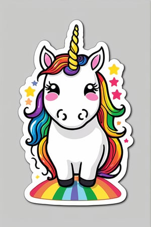 sticker, unicorn shitting rainbows, white background, outline 