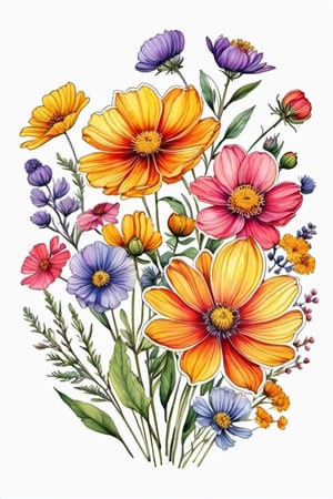 sticker, wild flower colorful arranged nicely , white background, outline, in watercolor style.