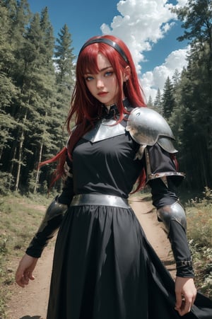 best quality, (masterpiece:1.2), detailed,,1girl, solo, closed mouth, slight smile,long hair, red hair, ahoge, red eyes, black hairband,(knight dress:1.4), brown pants, small breasts, long sleeve, looking at the viewer,outdoors, forest, clouds, fighting pose, night, horror style