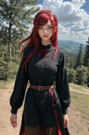 best quality, (masterpiece:1.2), detailed,,1girl, solo, closed mouth, slight smile,long hair, red hair, ahoge, red eyes, black hairband,(knight dress:1.4), brown pants, small breasts, long sleeves,standing, looking at the viewer,outdoors, forest, clouds