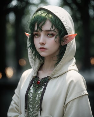 Young elf, backlit, intricate details, highly detailed, slate atmosphere, cinematic, dimmed colors, dark shot, film grain, lut, (red eyes, eye1.1), depth blur, blurry background dof, bokeh, realistic, realistic skin, short green hair, white open coat with hoodie