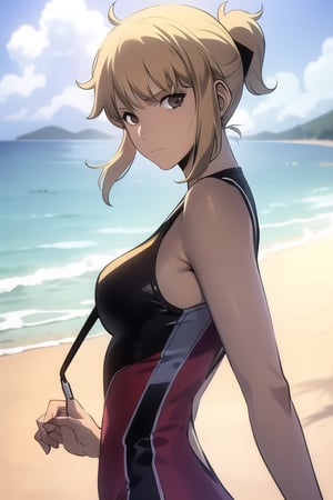 best quality, (masterpiece:1.2), highly detailed, day, beach,1girl, solo, cha hae-in, closed mouth, from front, looking at viewer, blonde hair, short hair, brown eyes, ponytail, one piece, medium_breasts
