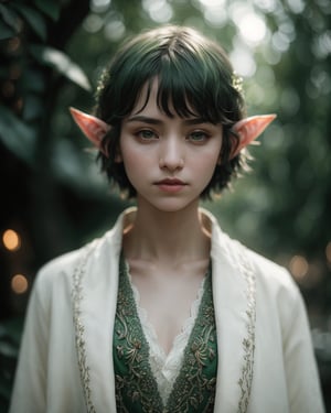 Young elf, backlit, intricate details, highly detailed, slate atmosphere, cinematic, dimmed colors, dark shot, film grain, lut, red iris, depth blur, blurry background dof, bokeh, realistic, realistic skin, green short hair, white open coat