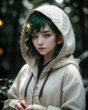 Young elf, backlit, intricate details, highly detailed, slate atmosphere, cinematic, dimmed colors, dark shot, film grain, lut, red eyes, depth blur, blurry background dof, bokeh, realistic, realistic skin, short green hair, white open coat with hoodie