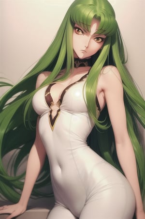 c.c.,  (expressionless, cowboy shot:1.4), (masterpiece, best quality, ultra-detailed, best shadow, volumetric lighting), (beautiful detailed face, beautiful detailed eyes), (best illumination),green hair, orange eyes, c.c., code geass,green hair, very long hair, wavy hair, detailed eyes, medium breast,  maximalist landscape