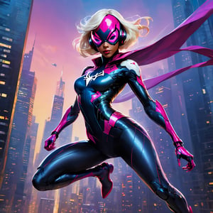  A superhero in a dynamic airborne pose, soaring through the city skyline at twilight, skyscrapers illuminated with vibrant neon lights, a sense of exhilarating speed and freedom, Digital painting, using a tablet and stylus, vibrant color palette,mecha musume,spider-gwen,Movie Still,mecha