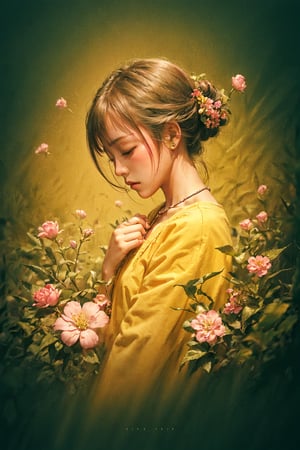 A girl closes eyes, sad expression, , green yellow, pink theme, threads