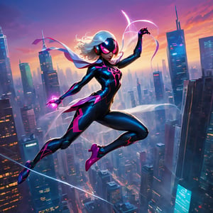  A superhero in a dynamic airborne pose, soaring through the city skyline at twilight, skyscrapers illuminated with vibrant neon lights, a sense of exhilarating speed and freedom, Digital painting, using a tablet and stylus, vibrant color palette,mecha musume,spider-gwen,Movie Still,mecha