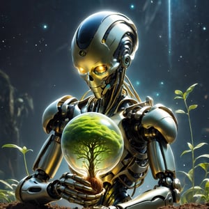 An android holding the last seed of life