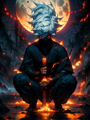 A ninja stands in the midst of a raging sea, the unique dark magical ring in his hand glowing with an aura of power. His body is surrounded by a energy, and his perfect anatomy is illuminated by a glowing white energy. The sky is filled with a brilliant array of stars, and the moon casts a mysterious light on the scene, creating a captivating atmosphere.,gabimaru