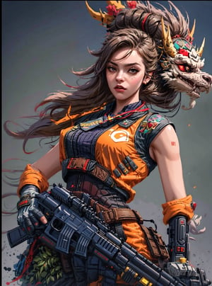 A girl holding gun in a epic pose, danger in background, overwatch, ultra realistic, hdr, 32k,pixel art,1 girl