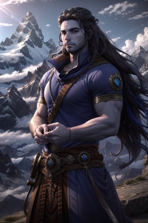 a  35 years old man looking at viewer, long_hair, blue skin tone,one,no beard, mountains in background, hyper realistic, hdr, 4k,  
