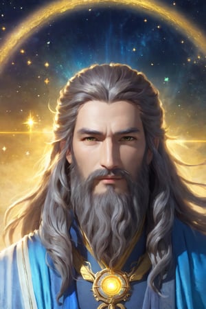 A light magical god, 35 years old man, long_hair, long beard, peaceful face, universe theme, blue yellow theme