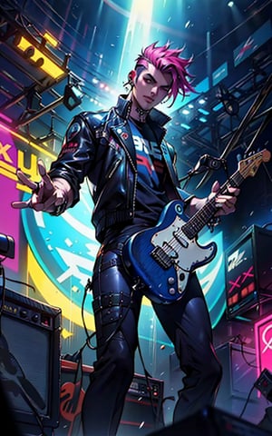 Masterpiece, best quality, stunning, textures, breathtaking beauty, pure perfection, divine presence, auras, rays, vivid color reflects, cyberpunk guitarist playing guitar on stage wearing a rocker suit, punk hair, cyberpunk