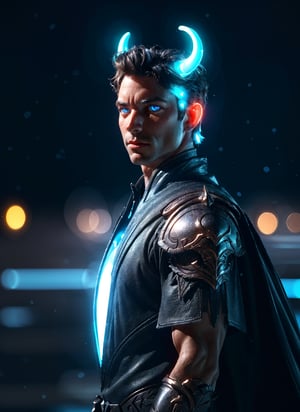 black bullborn, solo, blue eyes, male, upper body, male focus, horns, cape, armor, glowing, glowing eyes, volumetrics dtx, (film grain, blurry background, blurry foreground, bokeh, depth of field, motion blur, realistic:1.3), ((masterpiece, best quality)), art by greg rutkowski,3DMM,SAM YANG