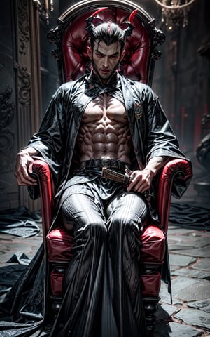 1male, masterpiece, ultra-detailed, detailedface, detailedeyes, desktop_background, 3DMM, perfecteyes, centered, weaopons, dracula sitting on throne, cave background, long shot, full_body, weapon, dark background, auras,