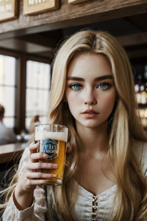 a woman sitting in the bar holding a glass of beer with saddness in her face, (long hair, blue eyes, blonde hair color:1,4), bar background with people talking, british woman, masterpiece, detailed eyes, middle shot, see through, wearing a dress, perfecteyes, Detailedface