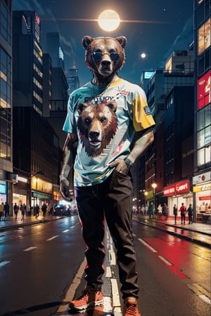 masterpiece, best quality, ultra detailed, detailedface, 4k, brown bear wearing sun glasses and tshirt standing in the night city, vivid color, full body, cyborg style, potcoll