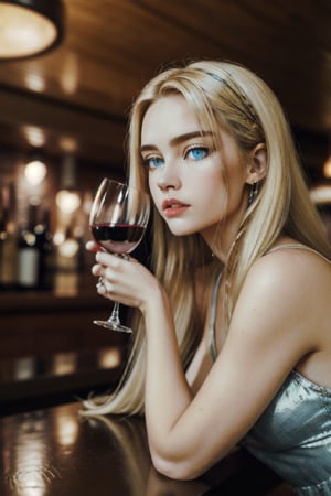 a woman sitting in the bar holding a glass of wine with saddness in her face, (long hair, blue eyes, blonde hair color:1,4), bar background with people talking, british woman, masterpiece, detailed eyes, middle shot, side shot, see through, wearing a dress, perfecteyes, Detailedface, night theme