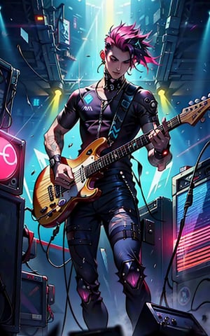 Masterpiece, best quality, stunning, textures, breathtaking beauty, pure perfection, divine presence, auras, rays, vivid color reflects, cyberpunk guitarist playing guitar on stage wearing a rocker suit, punk hair, cyberpunk