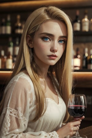 a woman sitting in the bar holding a glass of wine with saddness in her face, (long hair, blue eyes, blonde hair color:1,4), bar background with people talking, british woman, masterpiece, detailed eyes, long shot, side shot, see through, wearing a dress, perfecteyes, Detailedface, night theme, full_body