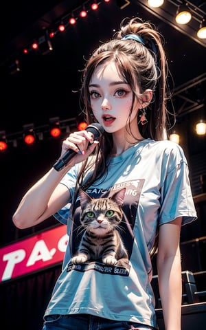 a cat rocker singer singing at theater, masterpiece, detailed face, perfecteyes, detailed_background, half_body, t-shirt design, vector, vivid color