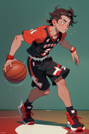 high resolution, digital art, detailed face, detailed hands, full body, barbers hair, young, 1boy, basketball, red, dynamic movement,