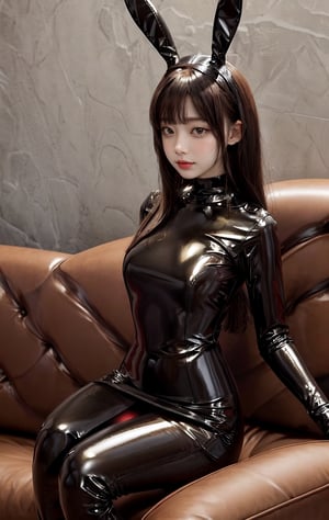 a woman in a latex outfit sitting on a couch, leather bunny costume bodysuit, ultrarealistic sweet bunny girl, succubus in tight short dress, bunny girl, latex dress, wearing black latex outfit, wearing latex, latex, sexy dress, black latex, wearing atsuko kudo latex outfit, latex outfits, black leather slim clothes, latex shiny