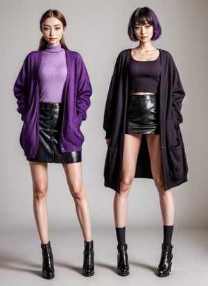 a couple of women standing next to each other, viridescent at shoulder height, wearing jacket and skirt, inverted triangle body type, wearing a cardigan, standing posture, frontal pose, distorted pose, standing pose, purple and black clothes, 🔞🤡, short person, wearing in cardigan, wearing clothes, low quality video, waist height, purple clothes