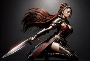 Design a captivating wallpaper that features a full-body view of a fierce female Samurai warrior, adorned in intricate armor, confidently brandishing a sharp katana, emanating an air of preparedness for battle. The background should envelop this formidable warrior in a dark, enigmatic ambiance, enhancing the intensity of the scene.