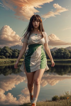 ((masterpiece)), (best quality), (cinematic), a woman in a long white dress, running through an open field, long black hair, bangs, chubby, wide hips, full body, green eyes, freckles on cheeks, wind, detailed face, detailed body, red and orange sky, glow, clouds, vegetation, green plains, floating bubbles, (cinematic, colorful), vast field, (extremely detailed), inspired by Studio Ghibli, EpicSky, cloud, sky, highly detailed, detailed face